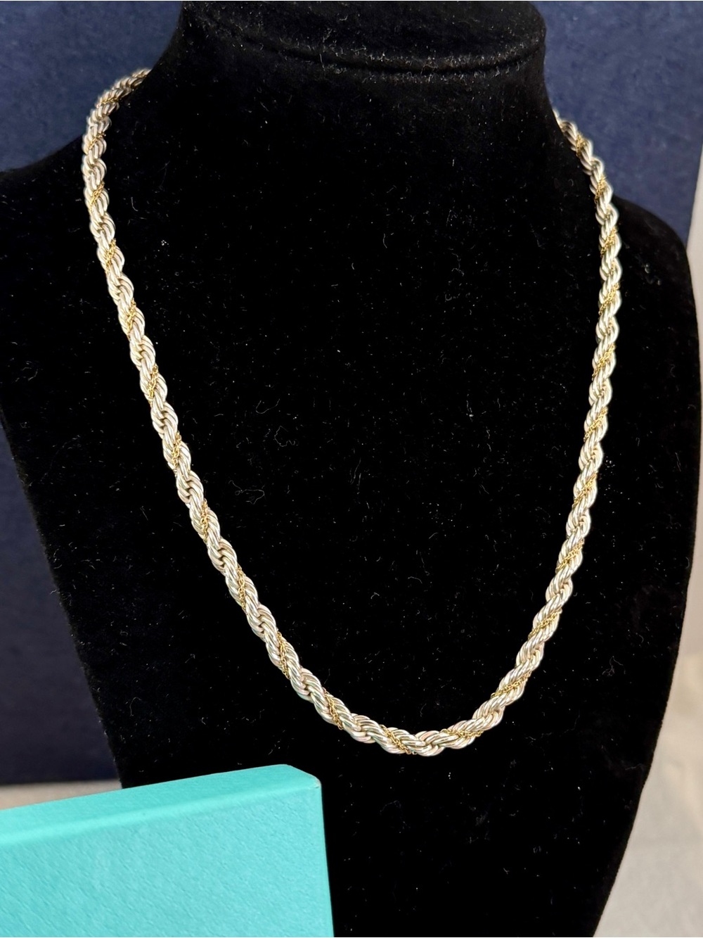 TIFFANY & CO. Sterling Silver 18K Yellow Gold Braided Cable Twist Necklace; COA